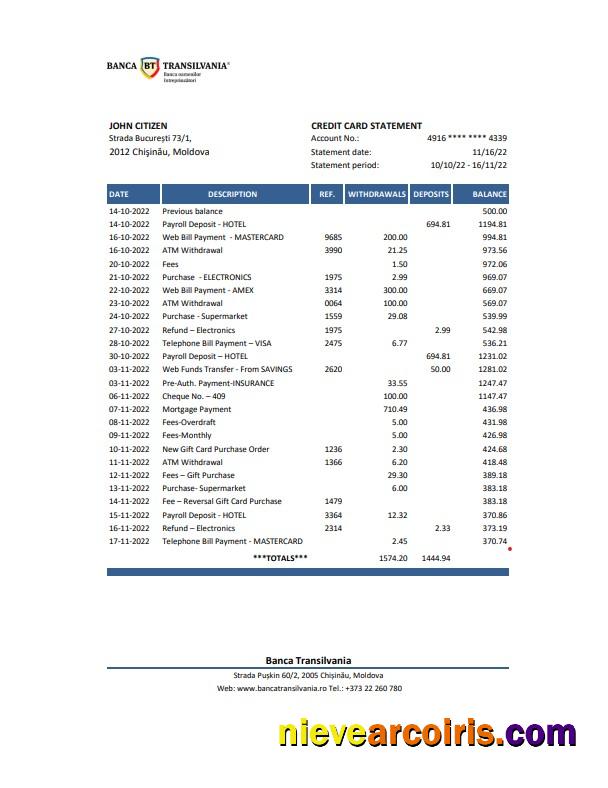 Moldova Banca Transilvania bank statement Excel and PDF